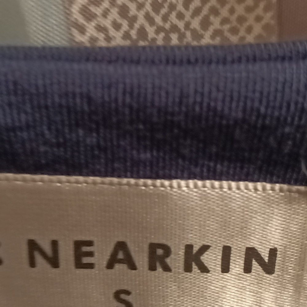 NWT NEARKIN navy blue long sleeve v slit collar pullover blouse Size Small